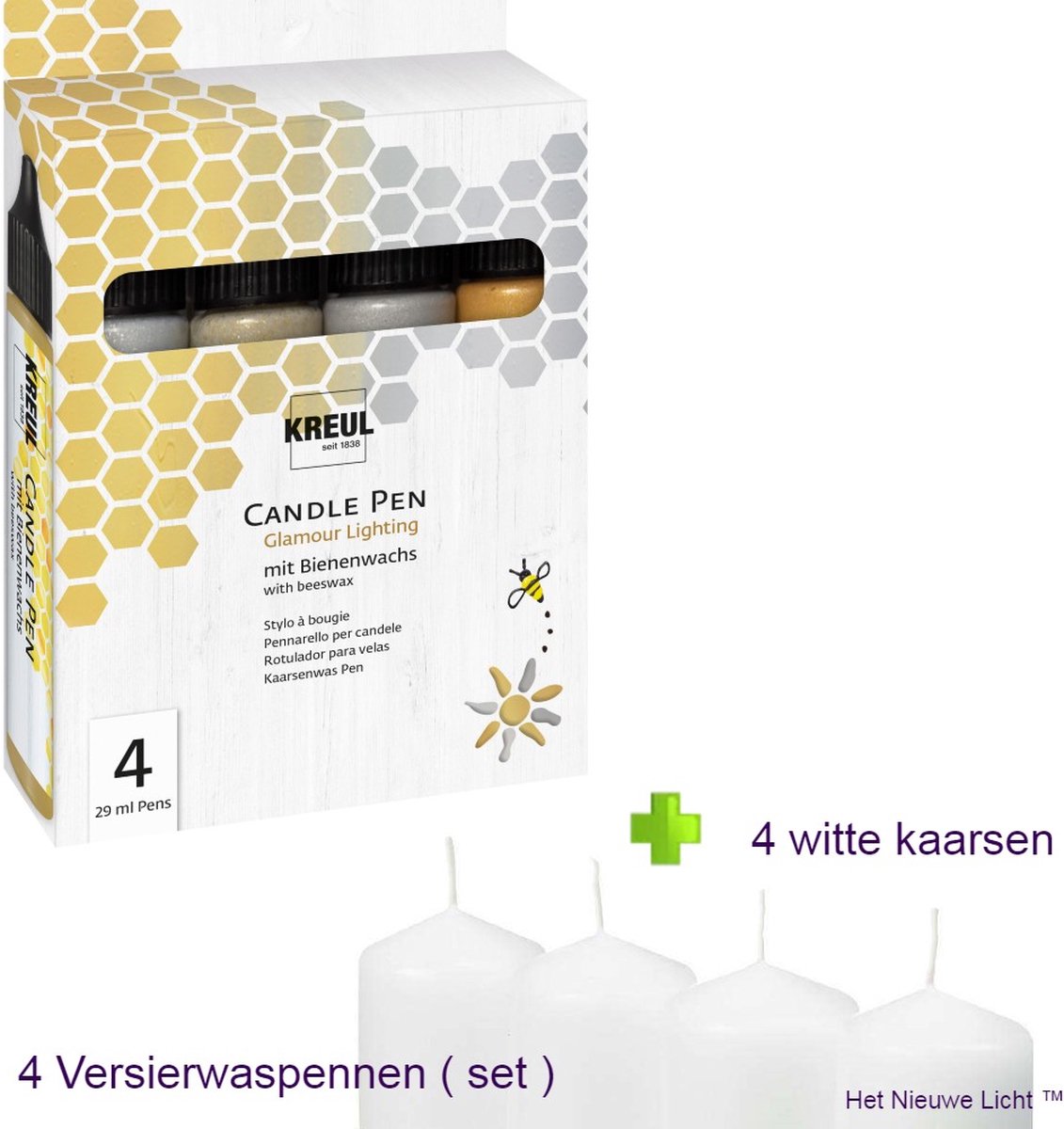 Hobby pakket | met 4 kaarsen | 4 Kaarsversierpennen | Goud en Zilver | Wasliner